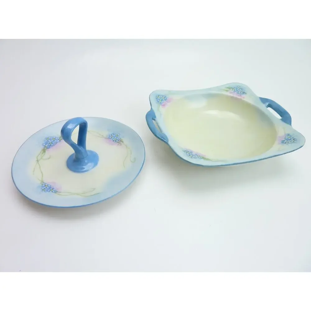 Vintage Made in Japan Blue Forget Me Not Covered Candy Dish Bowl Lidded Handle